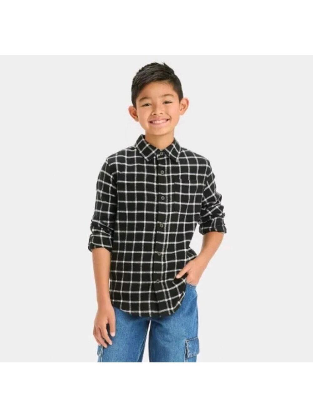 Cat & Jack NWT Boys' Long Sleeve Flannel Button-Down Shirt Black Size M (8)